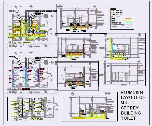 Public Toilet Plumbing Design CAD with Cubicle Partitions